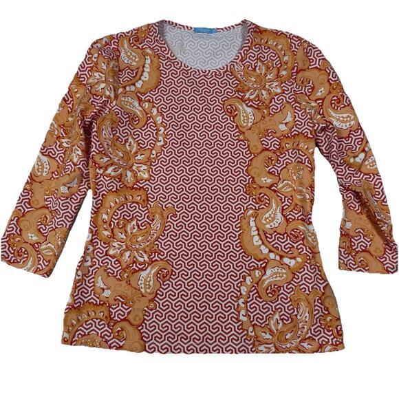J. McLaughlin Tops - J McLaughlin Catalina Cloth Coral White Orange Print 3/4 Sleeve Tee Size Small